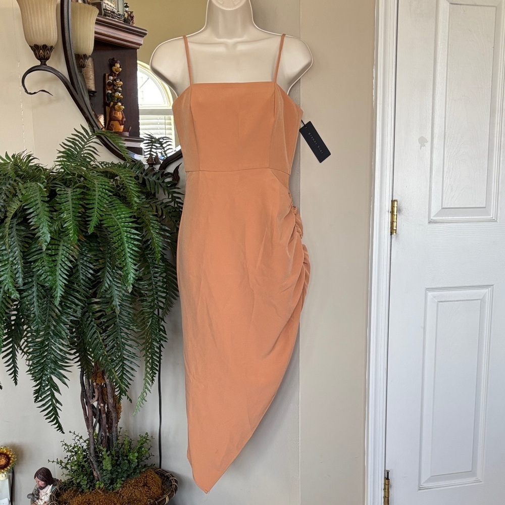 Brand New Gianni Bini Harling Tan Midi Dress Asymmetrical Ruched Spaghetti Strap